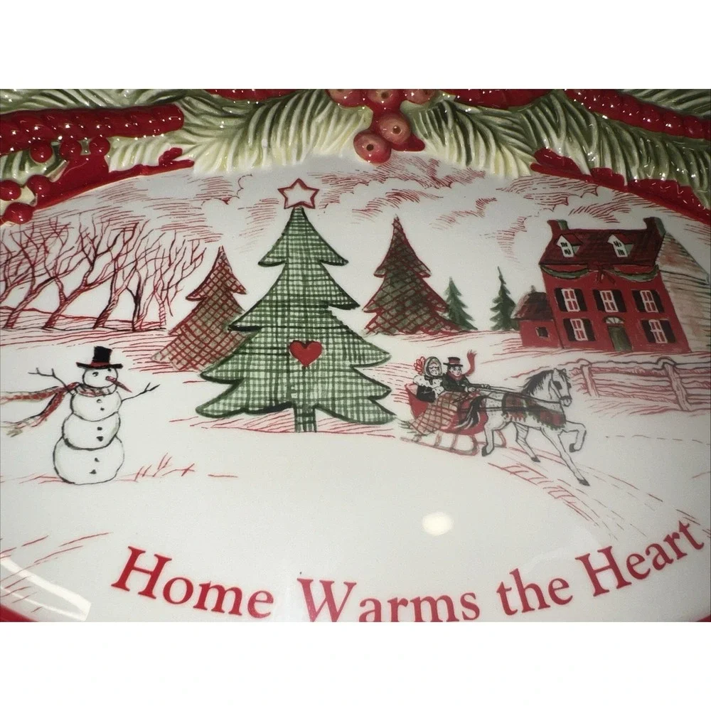 FITZ & FLOYD Oval Cookie Platter Home Warms the Heart Christmas Holiday 13 1/2 
